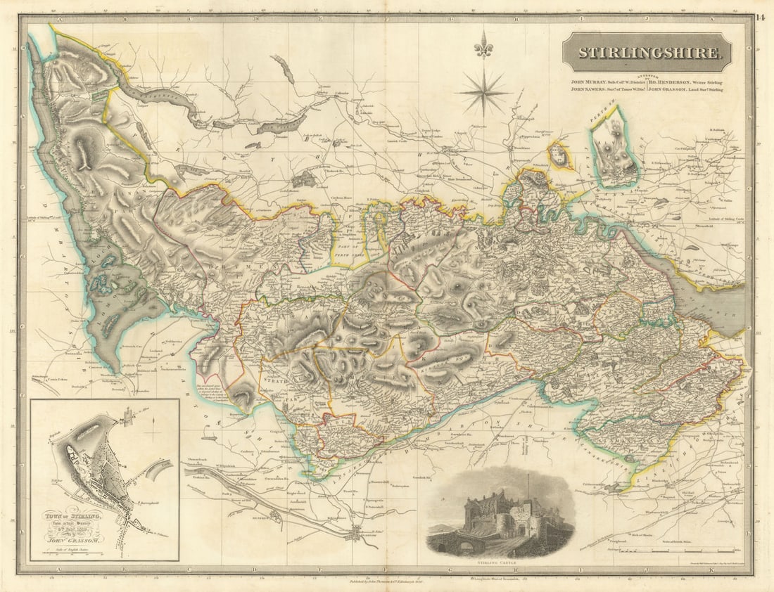Stirlingshire. Stirling town plan Falkirk Lomond Alloa Dunblane THOMSON 1832 map: Stirlingshire // Town of Stirling'. Places named on the map include: Stirling, Falkirk, Grangemouth, Loch Lomond, Alloa, Dunblane, Bridge of Allan, Doune. The following places marked on the map have g