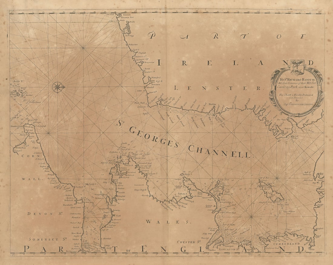 ST GEORGE'S CHANNELL sea chart. The Irish & Celtic Seas. COLLINS 1693 old map: [St. Georges Channell] - To Sr. Richard Rooth Knt. Late Governer of their Ma.ties Fort Castle ny Park near Kinsale, this chart is humbly dedicated and presented by Capt. Greenvile Collins. This