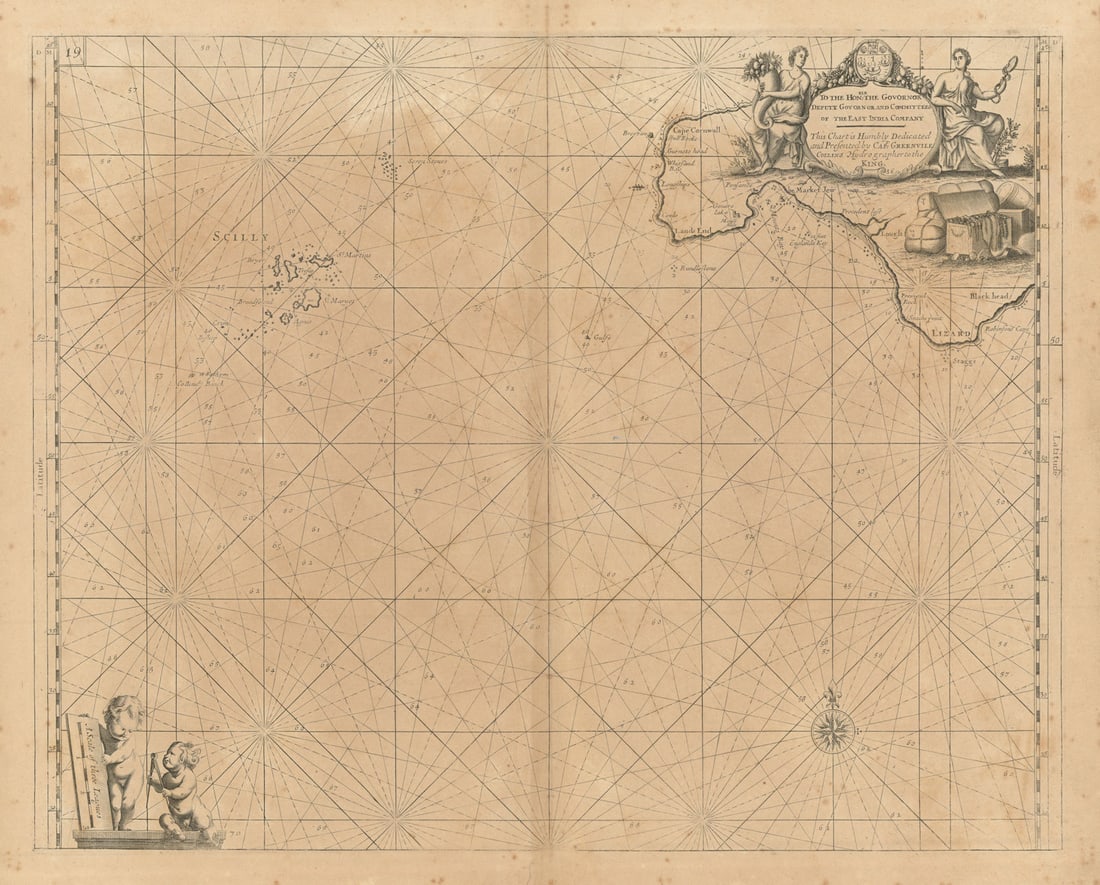 LAND'S END & THE SCILLY ISLES sea chart. Lizard & Penzance. COLLINS 1693 map: [Land's End and Scilly Isles] To the Honble. The Govornor, Deputy Govornor and Committees of the East India Company, this chart is humbly dedicated and presented by Capt. Greenvile Collins Hydrographe