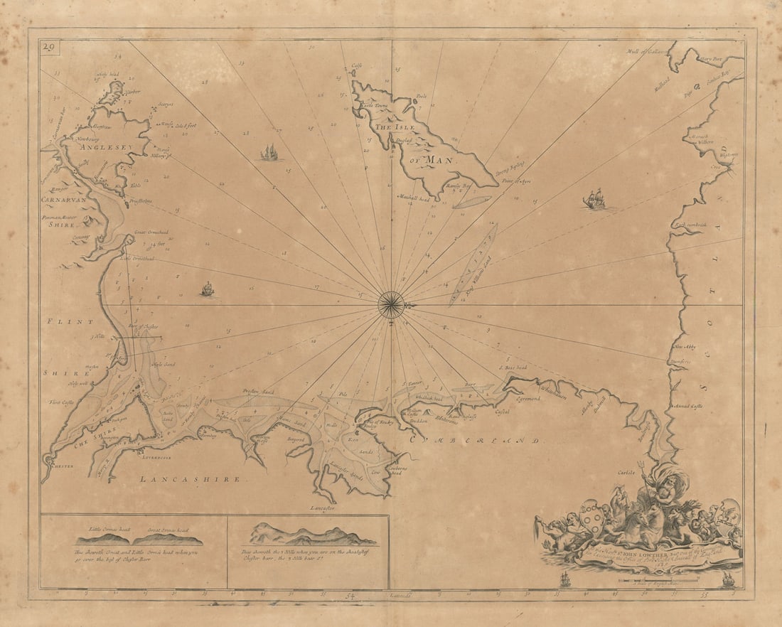 IRISH SEA chart. Lancashire Cumbria North Wales Isle of Man. COLLINS 1693 map: [Irish Sea] - To the Honble Sr John Lowther Bart. One of the commissioners for executing the Office of Lord High Admirall of England 1689. This fascinating map shows the northern part of the Irish Sea