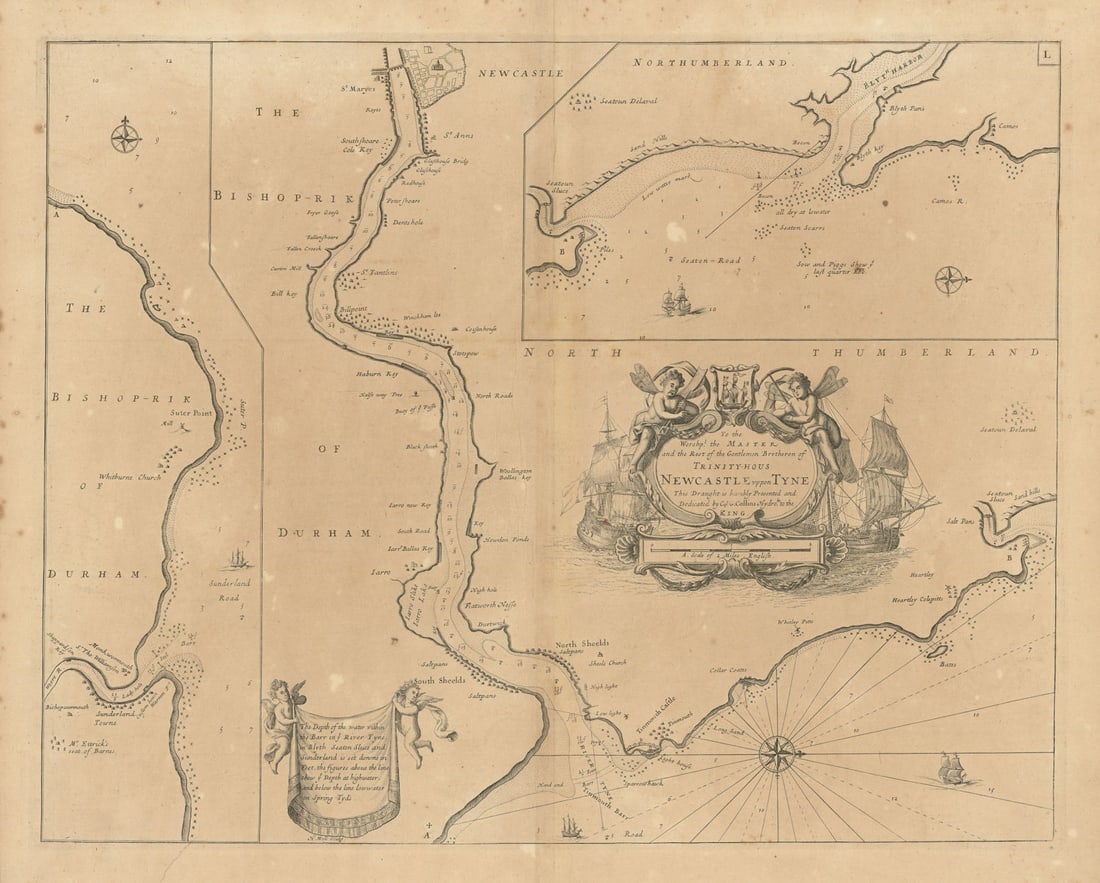 NEWCASTLE UPPON TYNE. Tyneside Wearside Sunderland Blyth. COLLINS 1693 old map: Newcastle uppon Tyne - To the Worshpl. the Master and the rest of the Gentlemen Bretheren of Trinity House - This draught is humbly presented and dedicated by Capt. G. Collins, Hydroghe. t the King'. 