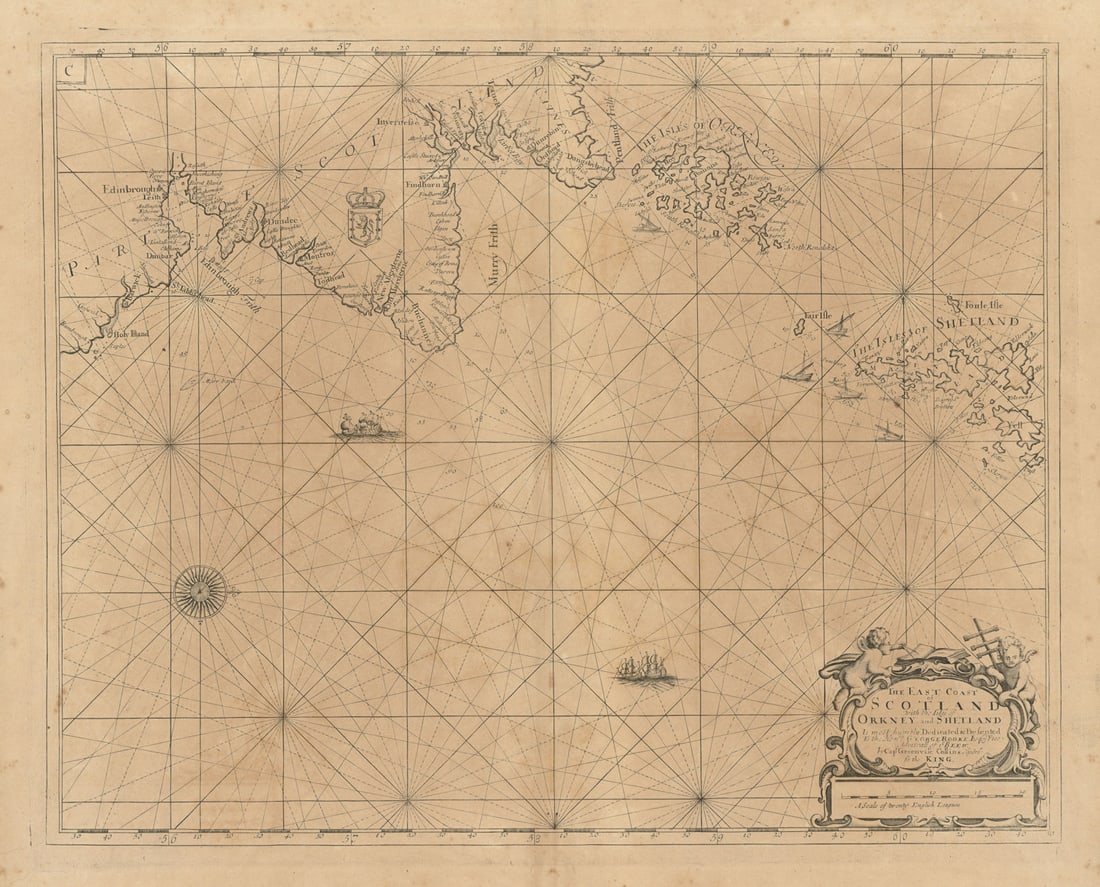 East Coast of Scotland, with the Isles of Orkney & Shetland. COLLINS 1693 map: The East Coast of Scotland, with the Isles of Orkney & Shetland - Is most humbly dedicated & presented to the Honble George Rooke Esq Vice Admirall of ye Blew by Capt. Greenvile Collins