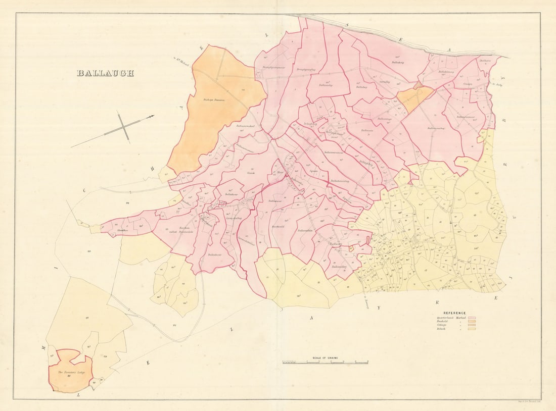 Ballaugh Parish, Michael Sheading, Isle of Man by James Woods 1829 old map: Ballaugh'. The map covers one of the 17 historic parishes of the Isle of Man. These maps are scarce; at the time of writing, we are unable to find a record that any of these maps have ever been sold