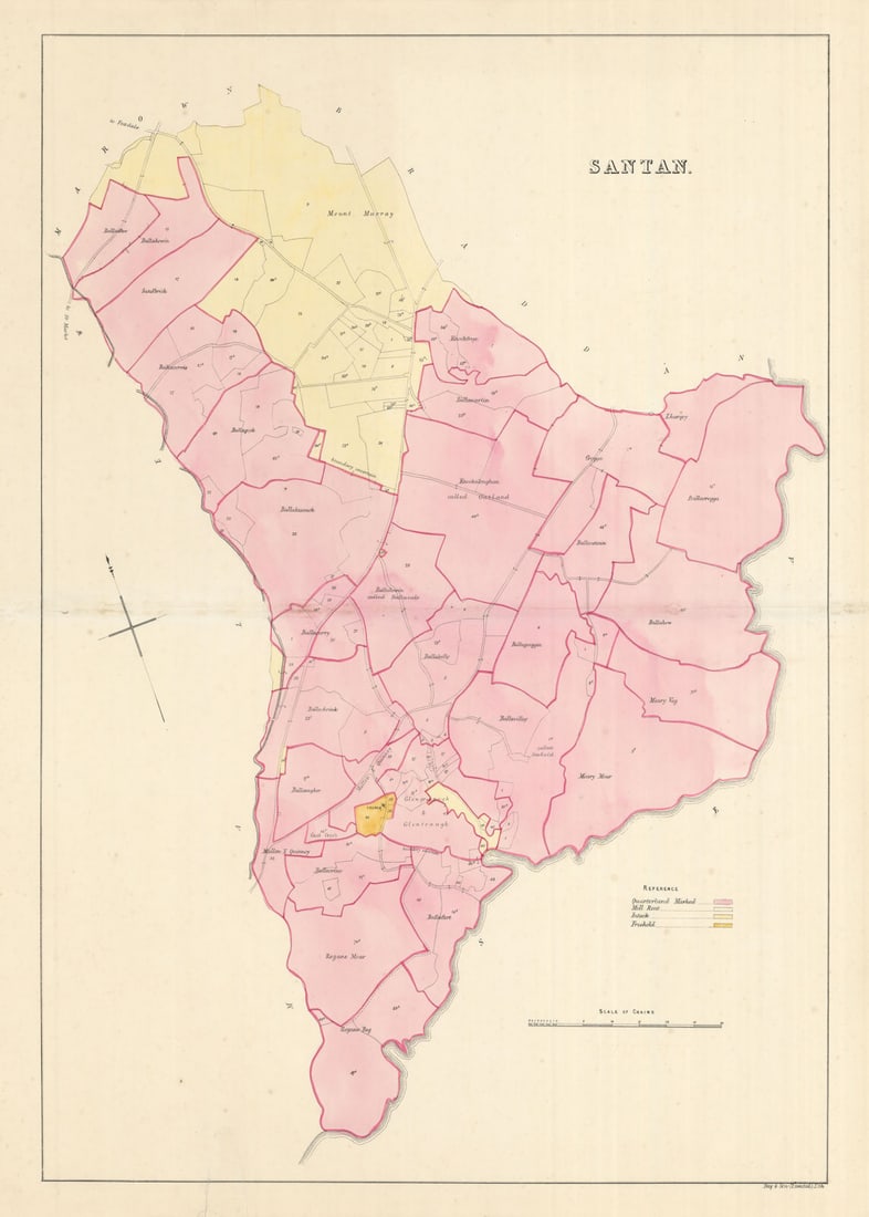 Santan [Santon] Parish, Middle Sheading, Isle of Man by James Woods 1829 map: Santan [Santon]. The map covers one of the 17 historic parishes of the Isle of Man. These maps are scarce; at the time of writing, we are unable to find a record that any of these maps have ever been