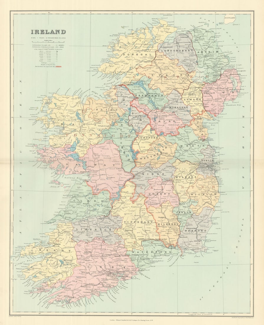 Ireland. Counties, railways & provinces. Large 64x52cm. STANFORD 1894 old map (1 of 1)