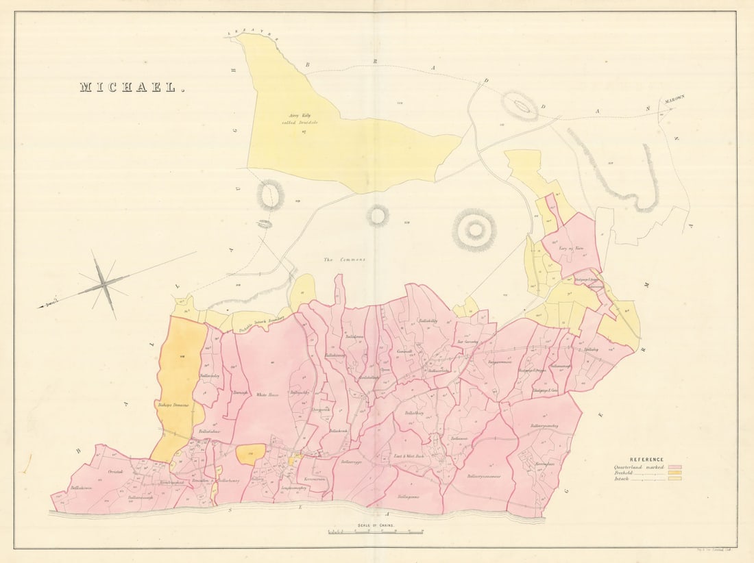 Michael Parish, Isle of Man by James Woods 1829 old antique map plan chart: Michael'. The map covers one of the 17 historic parishes of the Isle of Man. These maps are scarce; at the time of writing, we are unable to find a record that any of these maps have ever been sold in