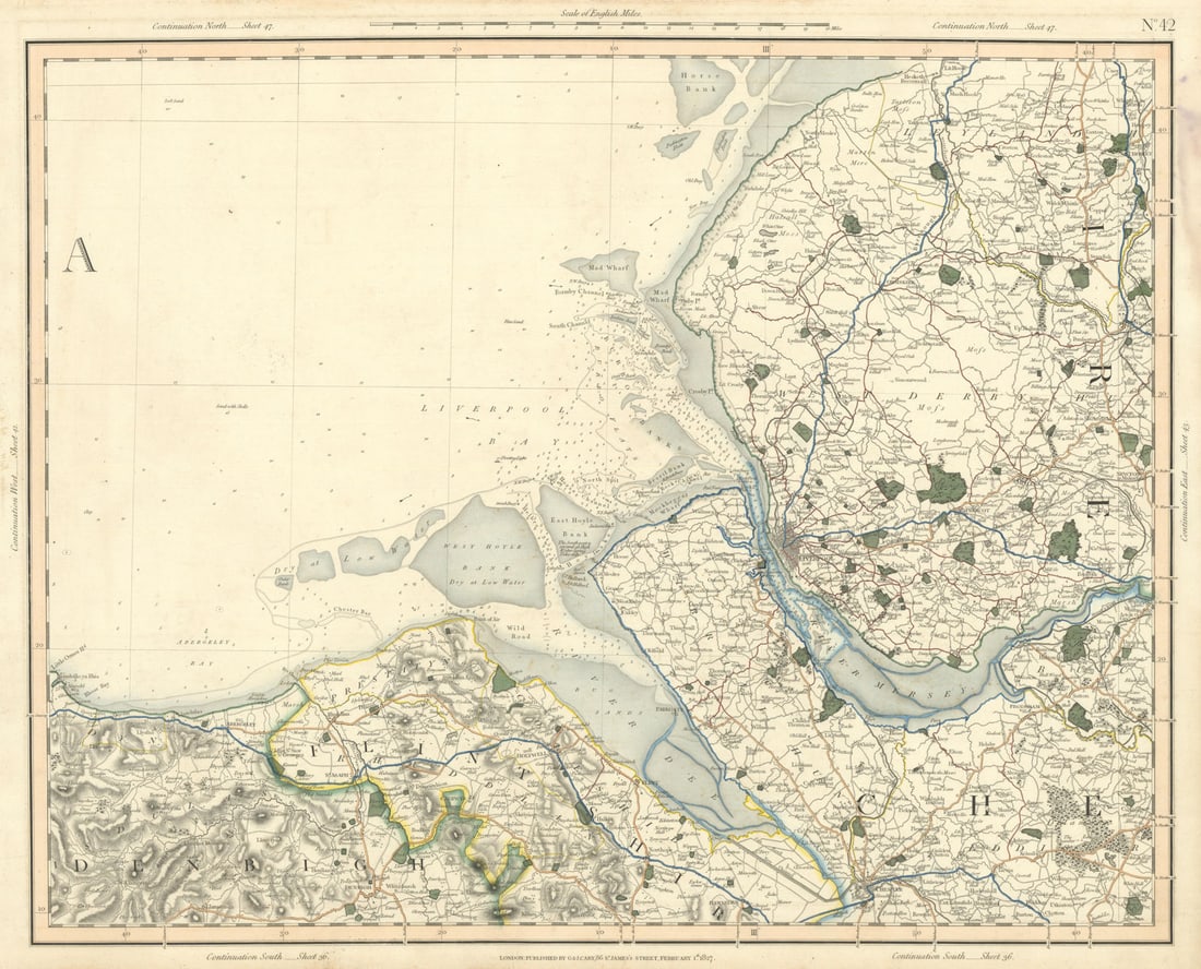 LIVERPOOL BAY. Merseyside, Dee Estuary & Wirral. Lancs Flintshire. CARY 1832 map: [Sheet 42 - Liverpool Bay. Merseyside, Dee Estuary & the Wirral. South West Lancashire, North West Cheshire, Flintshire, North East Denbighshire] by Cary, George & John. Published 1832. Large anti