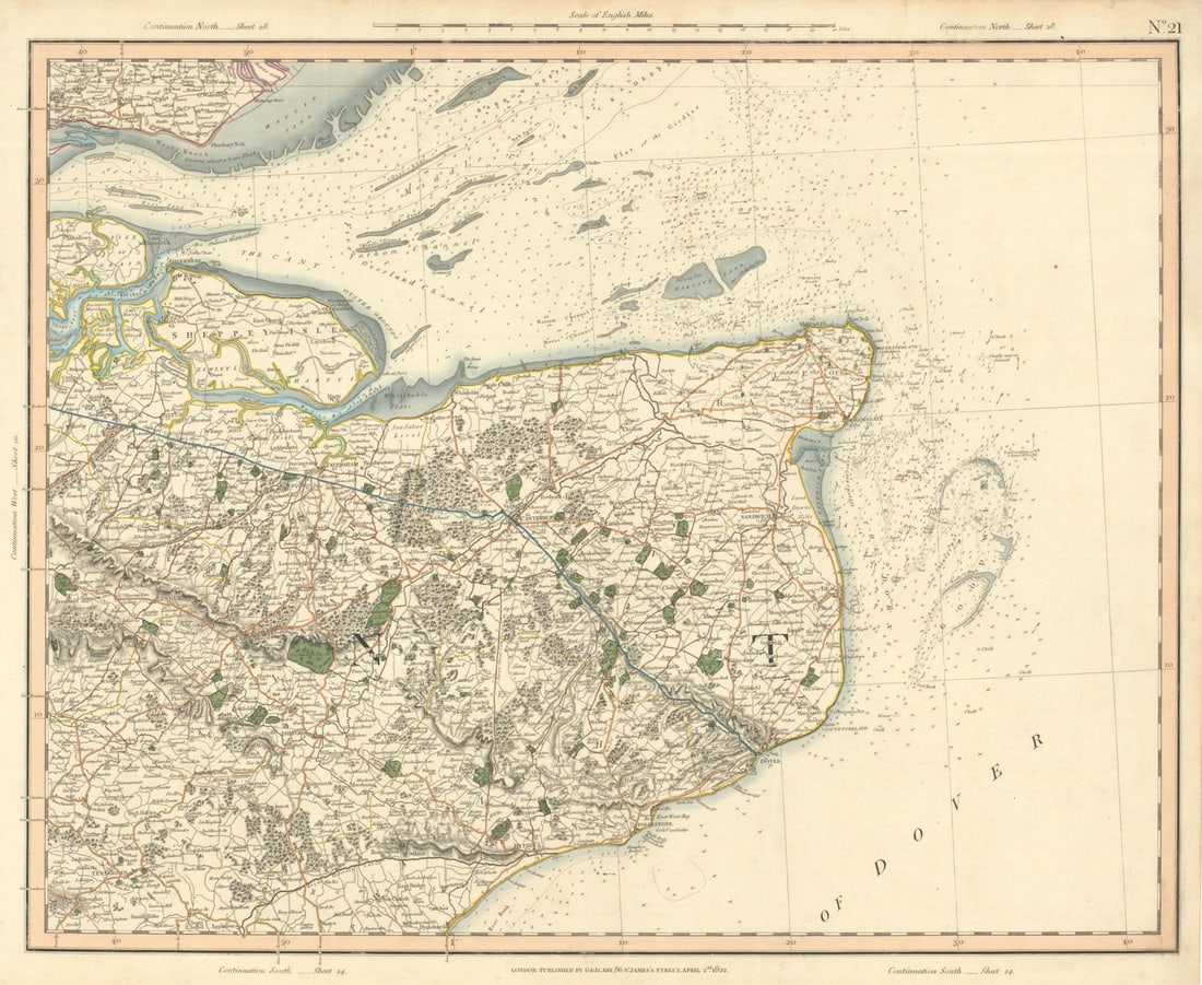 THAMES ESTUARY & EAST KENT. North Downs, Isles of Sheppey & Thanet CARY 1832 map: [Sheet 21 - Thames Estuary, Kent Downs, South east Essex] by Cary, George & John. Published 1832. Large antique hand-coloured folding map. Size 55 x 67 cm | 21.5 x 26.0 inches. Condition: Good; suitab
