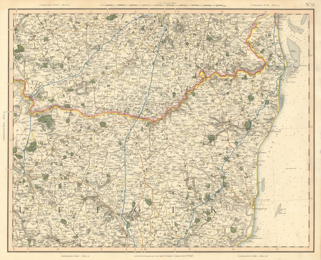 SUFFOLK COAST & HEATHS. Southern Norfolk Broads. Deben Stowmarket. CARY 1832 map: [Sheet 34 - Northern Suffolk, South East Norfolk. Southern part of the Norfolk Broads] by Cary, George & John. Published 1832. Large antique hand-coloured folding map. Size 55 x 67 cm | 21.5 x 26.0 in