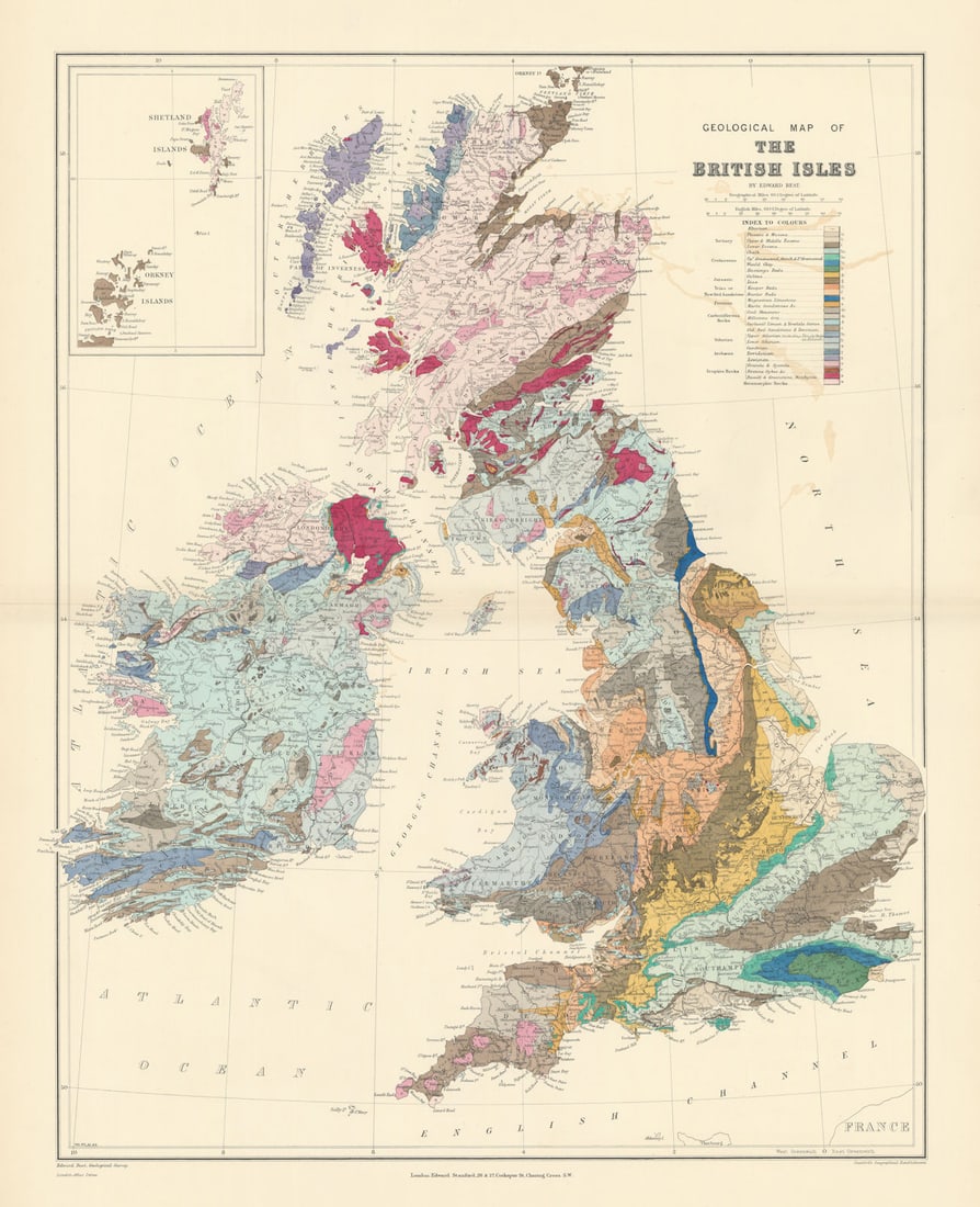 Geological Map of the British Isles. Large 66x53cm. STANFORD 1896 old: Geological Map of the British Isles'. Stanford's Geographical Establishment. Published 1896. Large (folio) antique atlas map. Size 65 x 53 cm | 25.5 x 20.5 inches. Condition: Good; suitable for framin