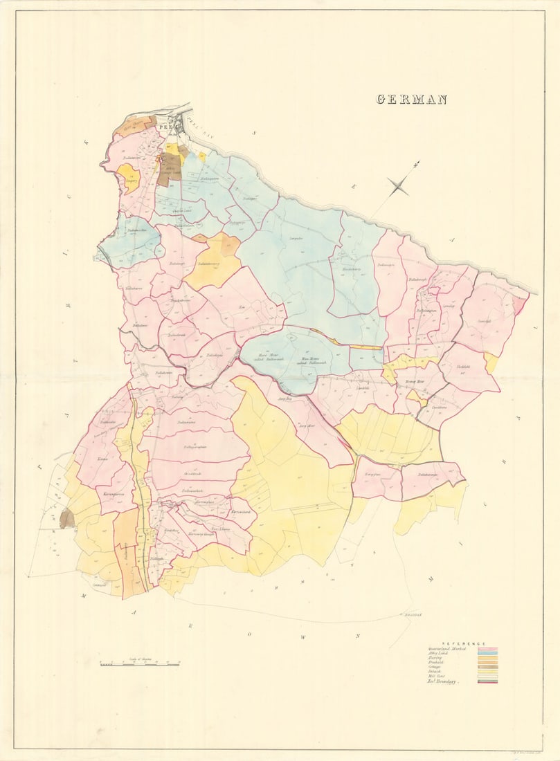 German Parish & Peel, Glenfaba Sheading, Isle of Man by James Woods 1829 map: German'. The map covers one of the 17 historic parishes of the Isle of Man. These maps are scarce; at the time of writing, we are unable to find a record that any of these maps have ever been sold ind