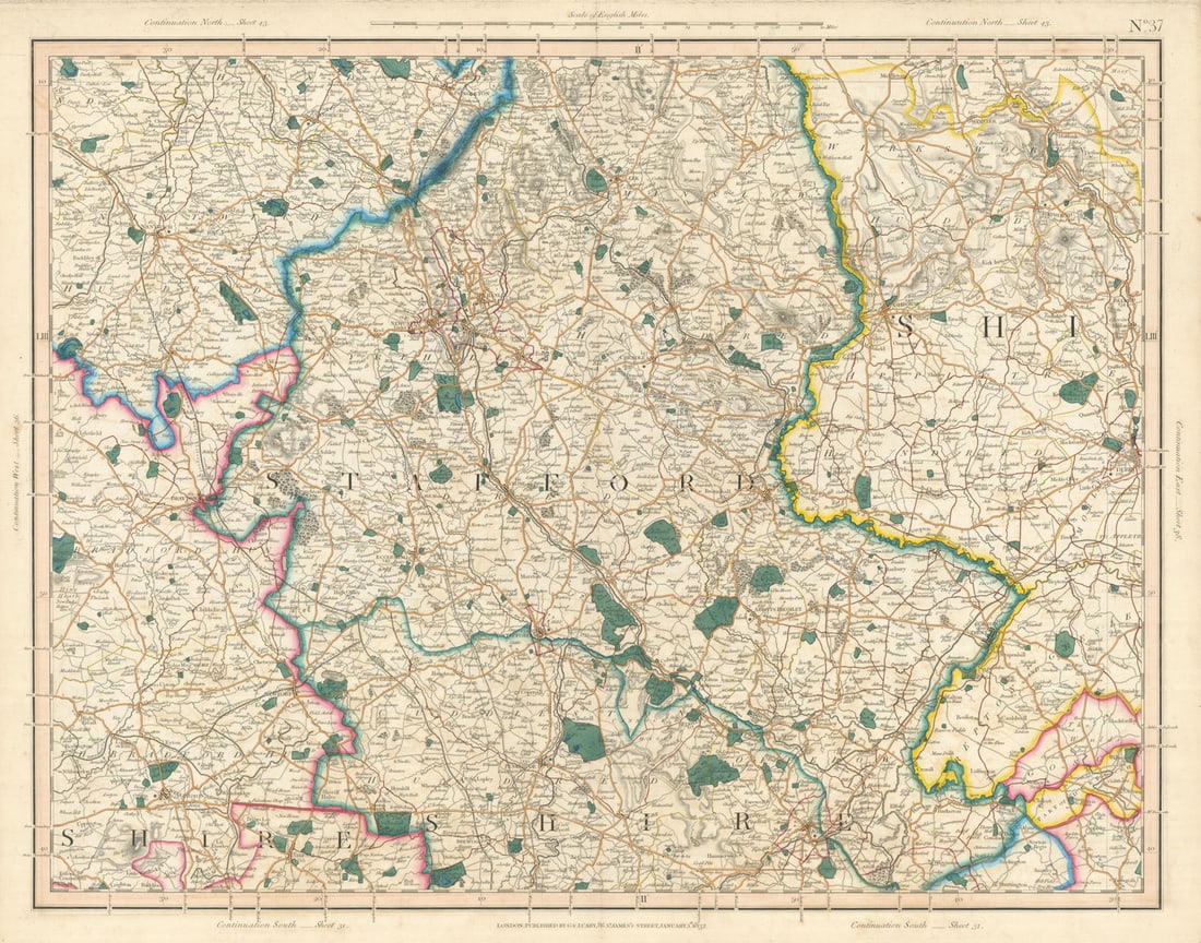 STAFFORDSHIRE, NE Shropshire, SE Cheshire, SW Derbyshire. CARY 1832 old map: [Sheet 37 - Parts of Staffordshire, Shropshire, Cheshire, Derbyshire] by Cary, George & John. Published 1832. Large antique hand-coloured folding map. Size 55 x 67 cm | 21.5 x 26.0 inches. Condition: 