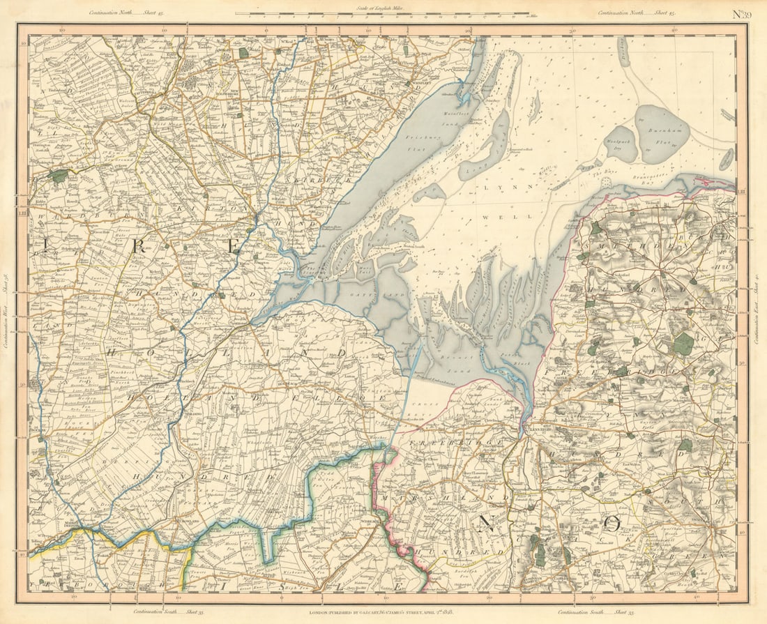 THE WASH & NORTHERN FENS. Lincolnshire Holland King's Lynn Norfolk CARY 1832 map: [Sheet 39 - The Wash & the Northern Fens. South East Lincolnshire, North West Norfolk, North Cambridgeshire, North East Northamptonshire] by Cary, George & John. Published 1832. Large antique hand
