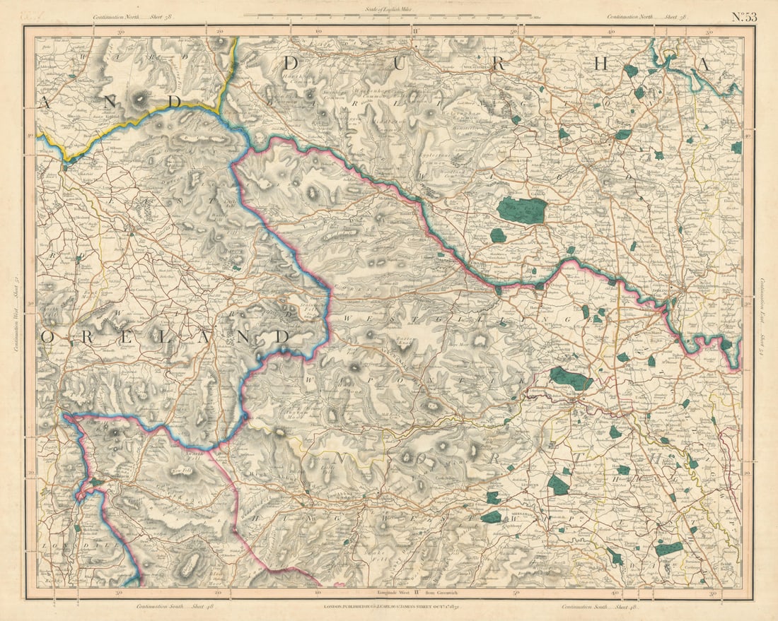 YORKSHIRE DALES, North Riding. Westmoreland, SE Durham. Richmond. CARY 1832 map: [Sheet 53 - Yorkshire Dales North. East part of Westmoreland, part of Cumbria, South East County Durham, Yorkshire North Riding] by Cary, George & John. Published 1832. Large antique hand-coloured fol