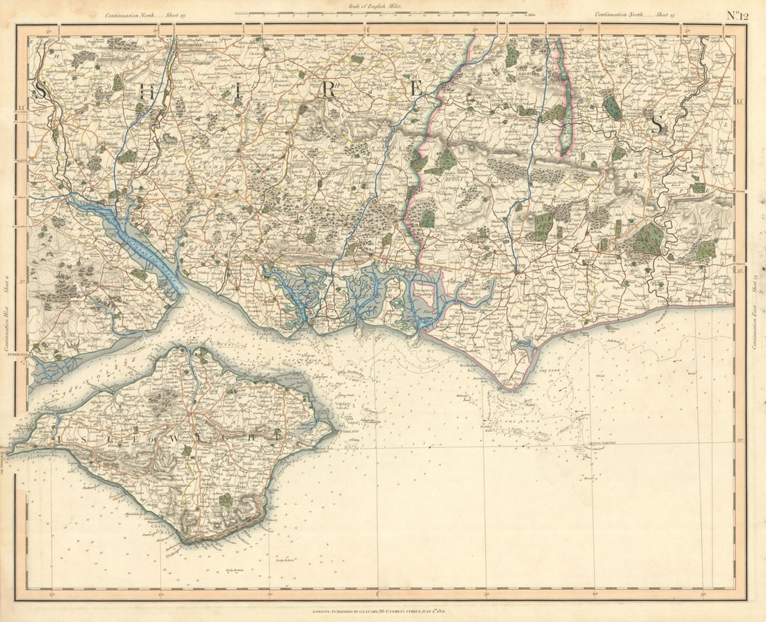 SOUTH DOWNS, SOLENT & ISLE OF WIGHT. SE Hampshire & W Sussex coast CARY 1832 map: [Sheet 12 - The South Downs, the Solent & the Isle of Wight. South East Hampshire & South West Sussex] by Cary, George & John. Published 1832. Large antique hand-coloured folding map. Size 55 