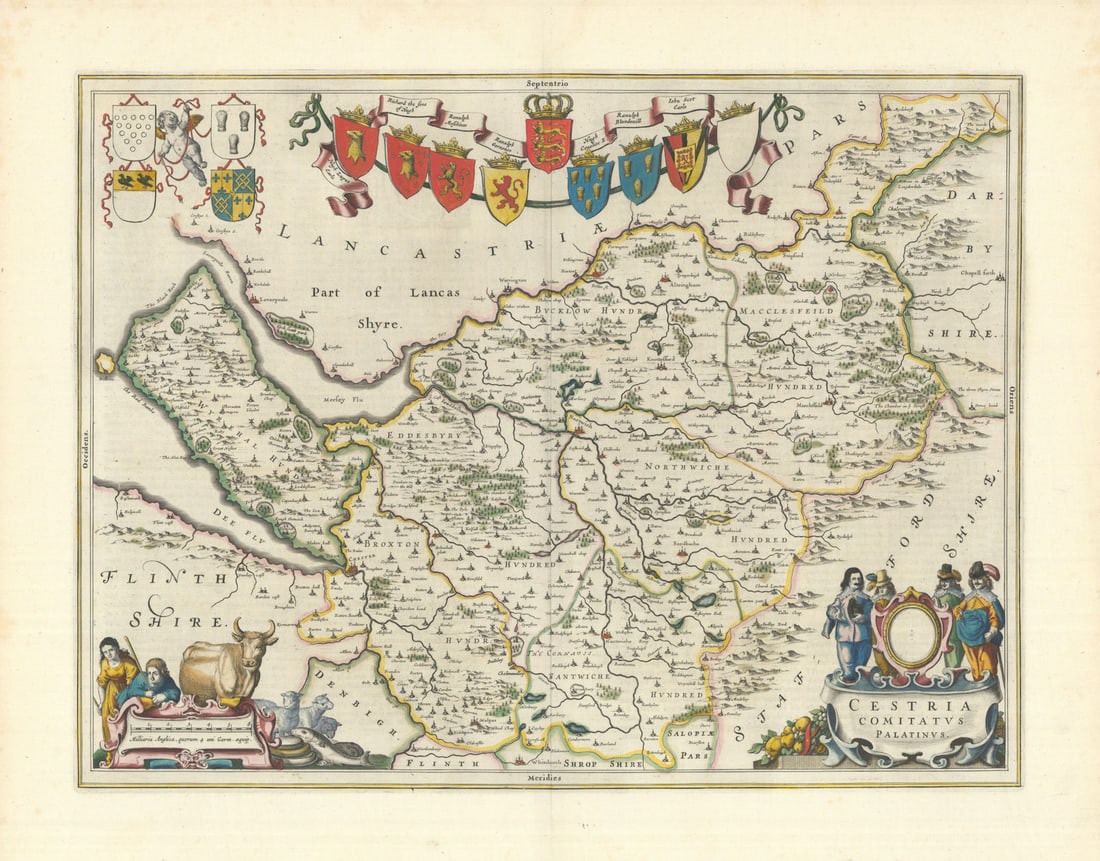 Cestria Comitatus Palatinus. Cheshire county map by Blaeu 1645 old antique: Cestria Comitatus Palatinus [Cheshire]. Joan/Johannes Blaeu. Published 1645. Original large folio 17th century hand coloured antique map with wide margins. Size 46 x 58 cm | 18.0 x 23.0 inches. Condit