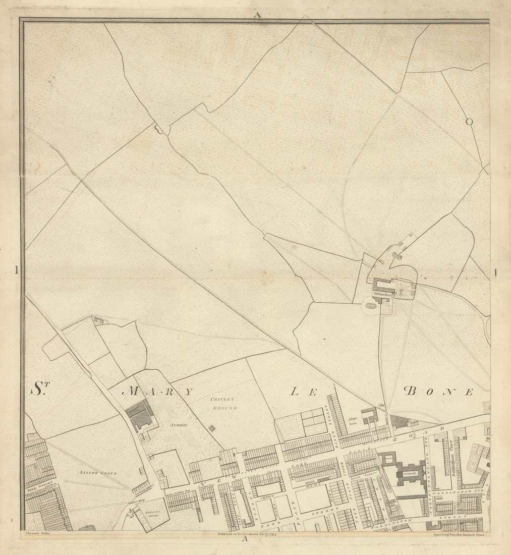 Horwood London A1 Marylebone Road Lisson Grove Regents Park Baker St 1794 map: Sheet A1 - Marylebone Road, Lisson Grove, west part of Regents Park, Baker Street' by Horwood, Richard. Published 1794. Antique copperplate map. Size 59 x 55 cm | 23.0 x 21.5 inches. Condition: Good; 