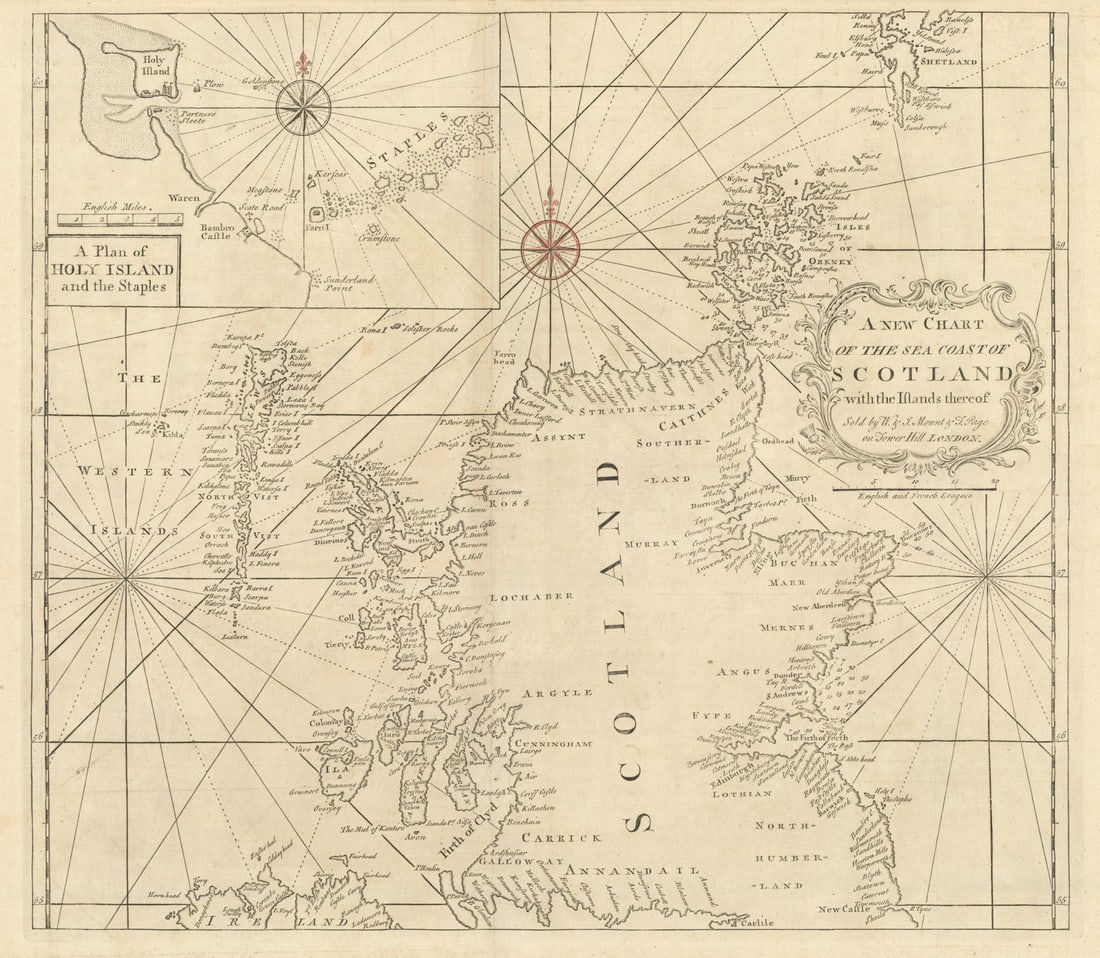 A New Chart of the Sea Coast of Scotland & Holy Island. MOUNT & PAGE 1758 map: A New Chart of the Sea Coast of Scotland with the Islands thereof // A Plan of Holy Island and the Staples'. Antique folio sea chart of the coast of Scotland and its islands, with an inset plan of Lin