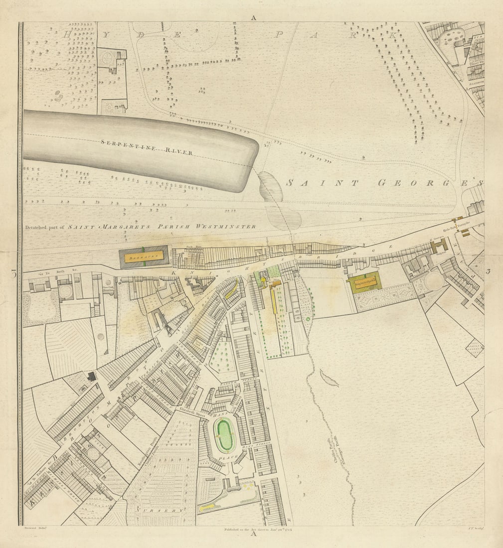 Horwood London A3 Hyde Park Lane Serpentine Knightsbridge Belgravia 1794 map (1 of 1)