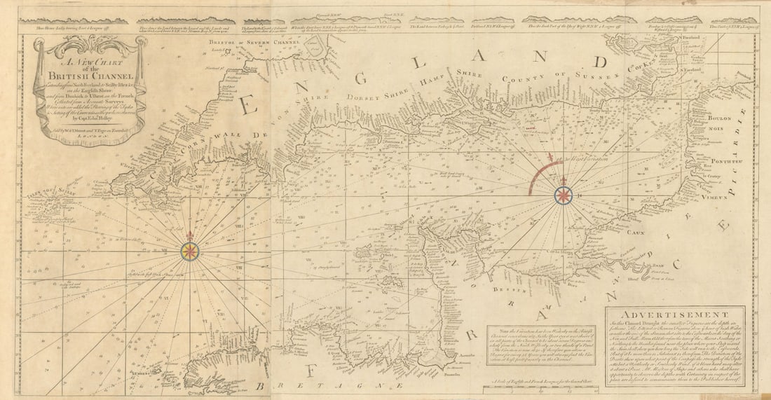 Chart of the British Channel… Halley's tides & currents. MOUNT & PAGE 1758 map: A New Chart of the British Channel extending from North Foreland to Scilly Isles &c on the English Shore and from Dunkirk to Ushent on the French. Collected from Accurate Surveys. Where unto are a