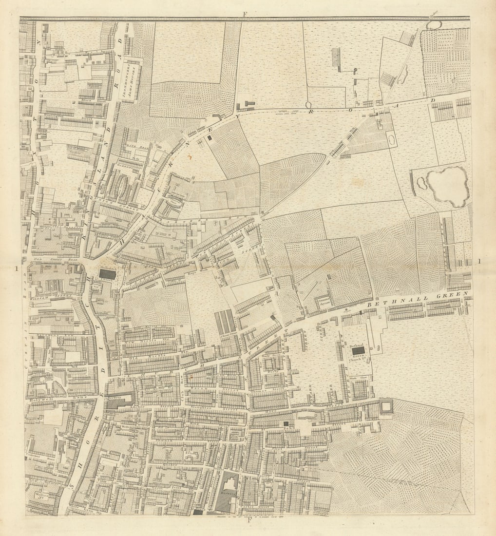 Horwood London F1 Shoreditch High Street Kingsland Rd Bethnal Green Rd 1799 map: Sheet F1 - Shoreditch High Street, Kingsland Road, Bethnal Green Road' by Horwood, Richard. Published 1799. Antique copperplate map. Size 59 x 55 cm | 23.0 x 21.5 inches. Condition: Good; suitable for