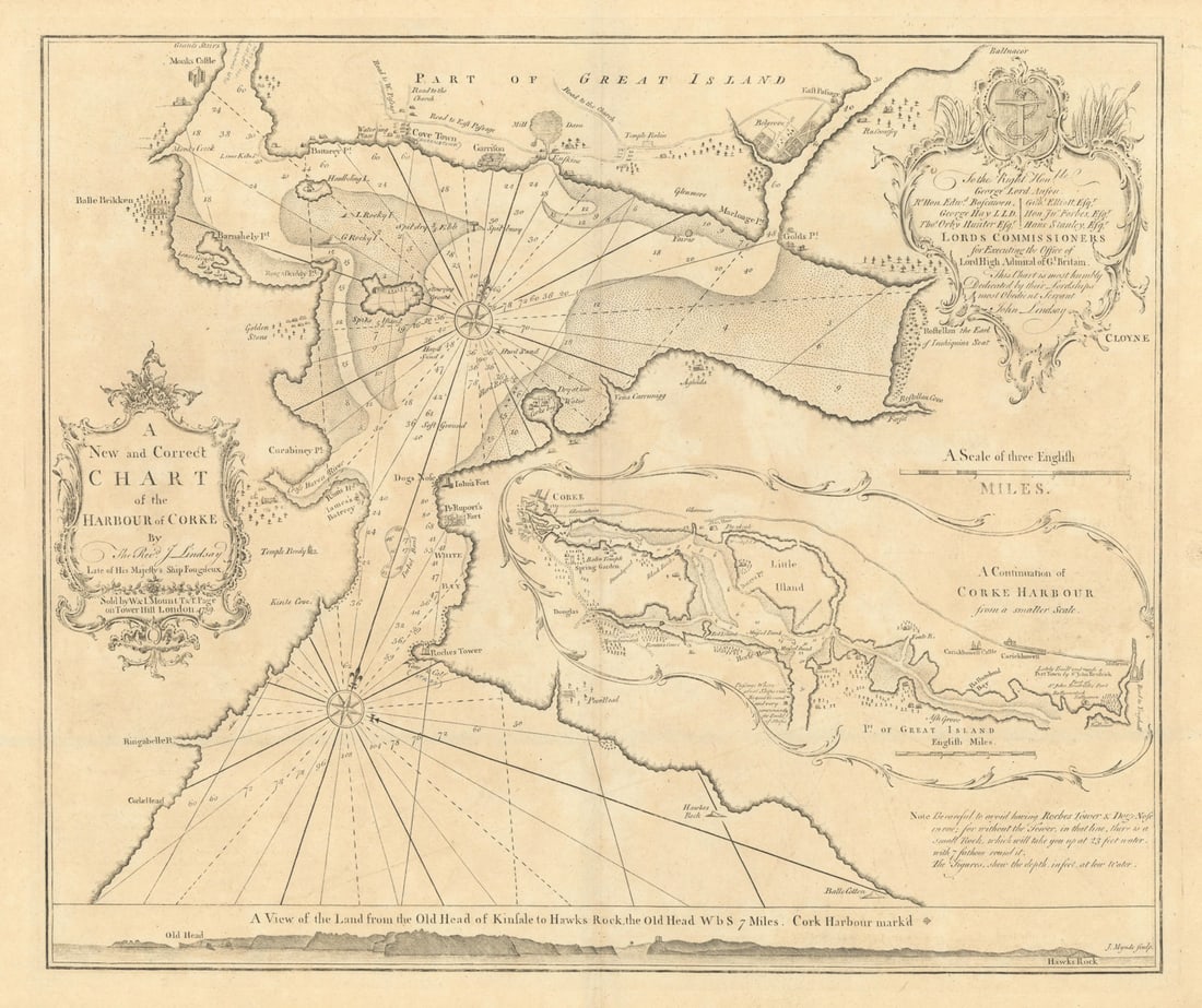 A New and Correct Chart of the Harbour of Corke. MOUNT & PAGE/LINDSAY 1758 map: A New and Correct Chart of the Harbour of Corke by The Revd. J. Lindsay, Late of His Majesty's Ship Fougueux'. Antique folio sea chart of Cork Harbour. On the left hand side is a decorative title cart