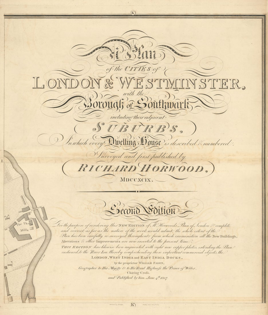 Horwood/Faden London K1 Title sheet Three Mills Bromley-by-Bow 1807 old map: Sheet K1 - Title sheet, Three Mills, Bromley-by-Bow'. William Faden after Richard Horwood. Published 1807. Antique copperplate map. Size 61 x 52 cm | 24.0 x 20.5 inches. Condition: Good; suitable for 