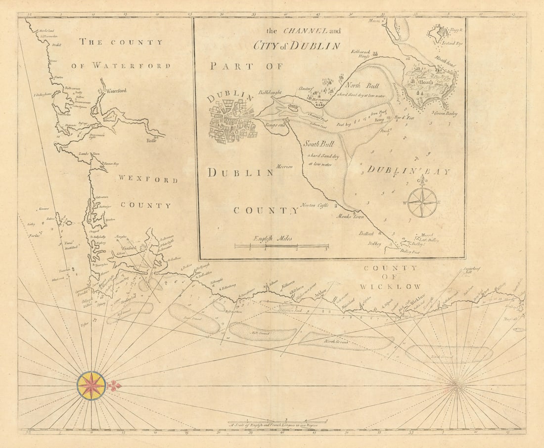 Coast of Waterford, Wexford & Wicklow, and Dublin Bay. MOUNT & PAGE 1758 map: [The coastline of Waterford, Wexford and Wicklow with an inset map of Dublin and Dublin Bay]. Antique folio sea chart of the coast of south east Ireland, including Wexford, Wicklow and part of Waterfo