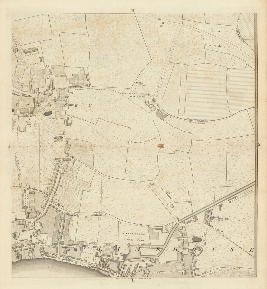 Horwood London H2 Stepney Limehouse Ratcliff Commercial Road 1799 old map: Sheet H2 - Stepney, Limehouse, Ratcliff, Commercial Road' by Horwood, Richard. Published 1799. Antique copperplate map. Size 59 x 55 cm | 23.0 x 21.5 inches. Condition: Good; suitable for framing.