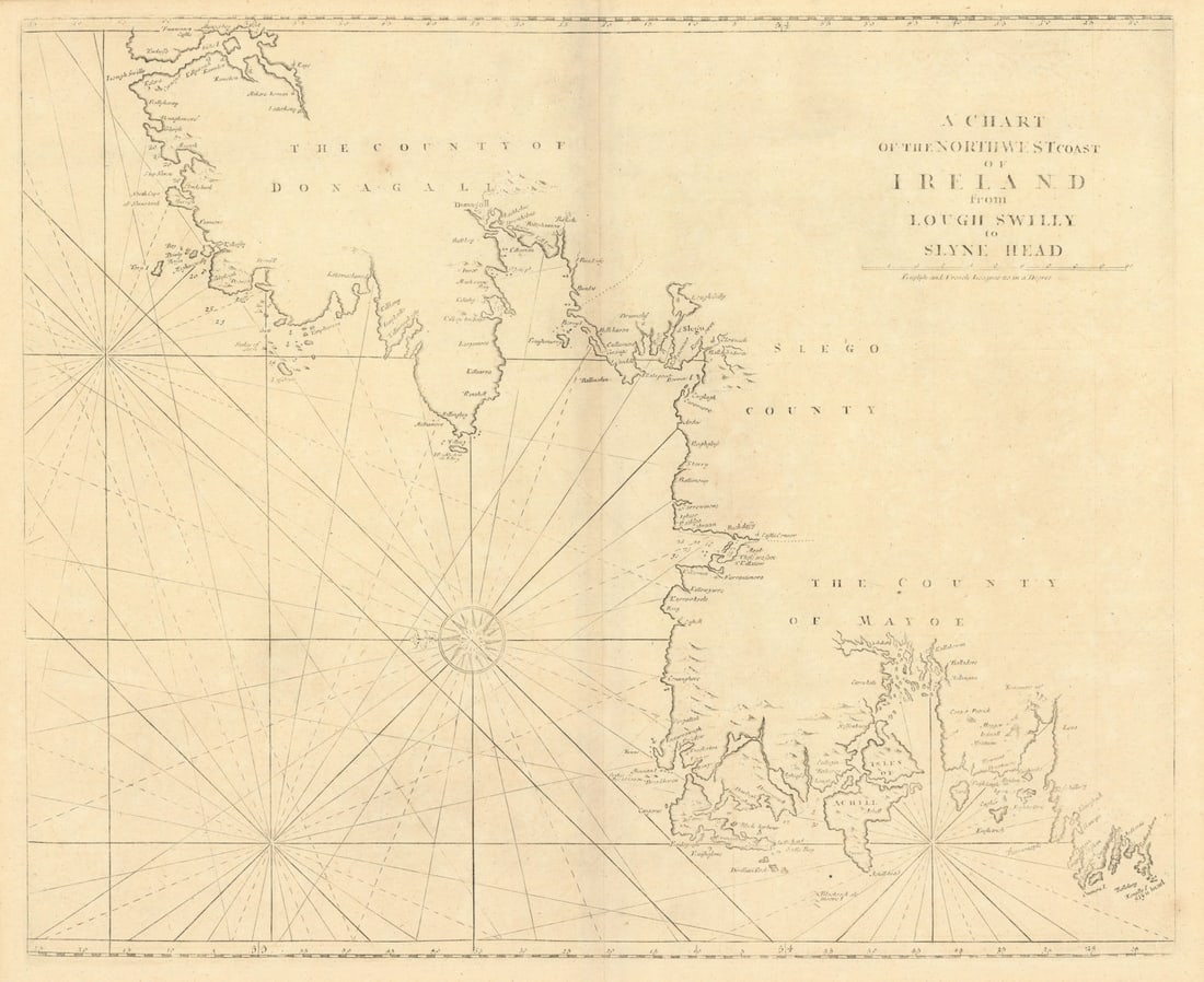 Northwest Coast of Ireland from Lough Swilly to Slyne Head MOUNT & PAGE 1758 map: A Chart of the north-west Coast of Ireland from Lough Swilly to Slyne Head'. Antique folio sea chart of the coast of north-west Ireland, including the coasts of Mayo, Sligo , Leitrim and Donegal. The 