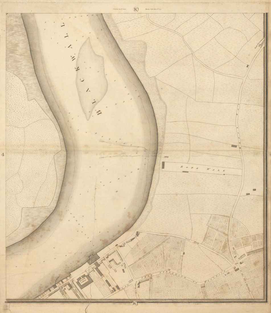 Horwood/Faden London K4 Greenwich Isle of Dogs Blackwall Reach 1807 old map: Sheet K4 - Greenwich, Isle of Dogs, Blackwall Reach'. William Faden after Richard Horwood. Published 1807. Antique copperplate map. Size 60 x 52 cm | 23.5 x 20.5 inches. Condition: Poor: Spotting; Ext