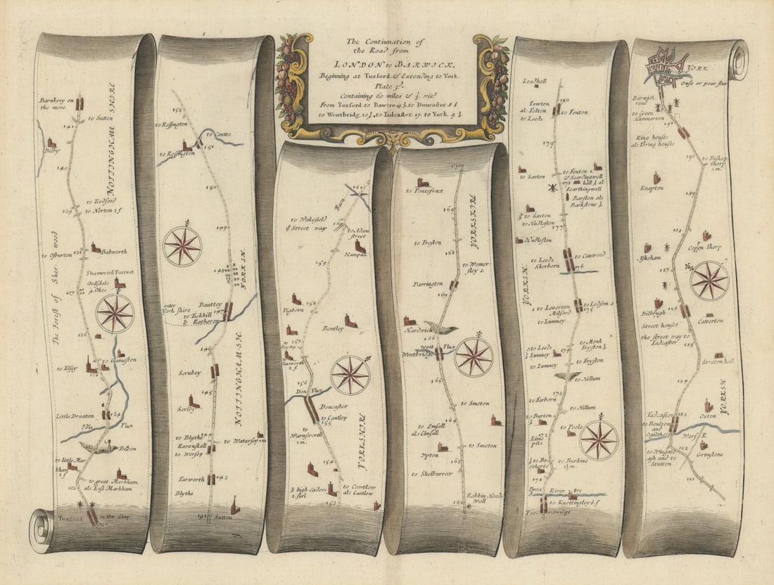 Tuxford - Bawtry - Doncaster - Wentbridge - York. OGILBY road map #7 1675 (1 of 1)