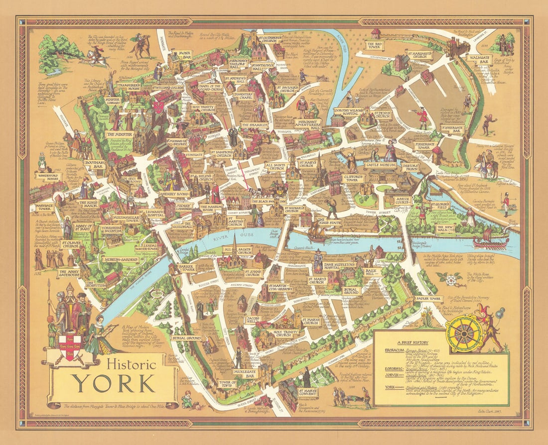 Historic York by Estra Clark. Decorative vintage pictorial city plan 1947 map: Historic York - A map of Modern York showing those buildings of interest erected from the earliest times until the beginning of Queen Victoria's reign'. A charming 1947 pictorial map of York, England,