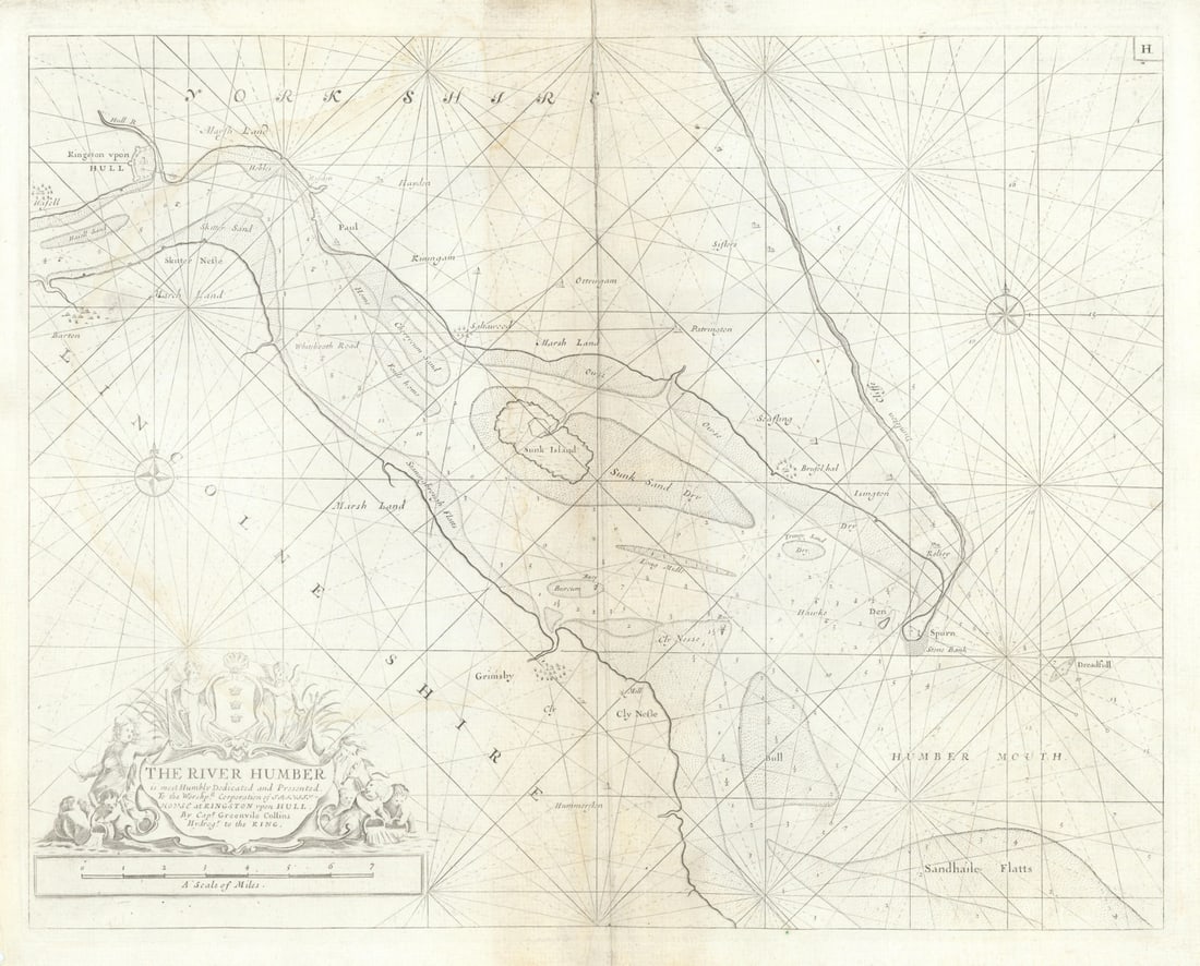 The River Humber estuary sea chart. Hull, Grimsby & Barton. COLLINS c1723 map: The River Humber - Is most humbly dedicated and presented to the Worshipll. Corporation of Trinity House at Kingston upon Hull by Capt. Greenvile Collins, Hydrogr. to the King'. This charming sea