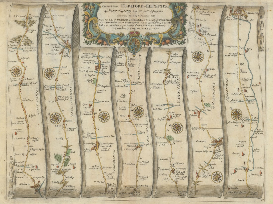 Hereford-Worcester-Solihull-Coventry-Leicester. OGILBY road map #72 1675 (1 of 1)