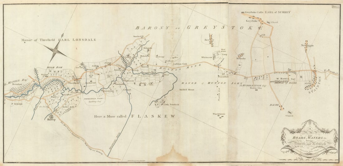 A map of the Roads, Waters, &c. between Penrith and Keswick by James Clarke 1789: A map of the Roads, Waters, etc., between Penrith and Keswick'. A map of the road from Penrith to Keswick, including part of the River Greta, Troutbeck and Greystoke Castle, in the English Lake