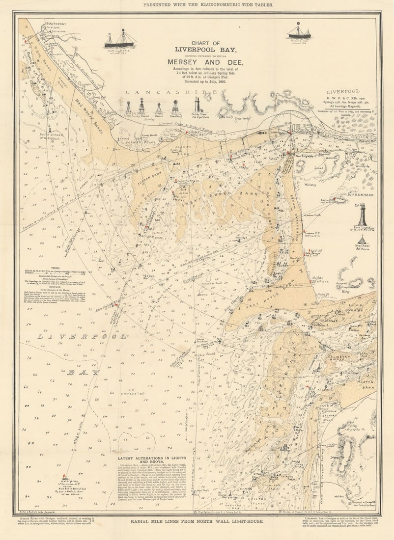 Chart of Liverpool Bay. River Mersey & Dee entrances. Eaton & Bulfield 1893 map: Chart of Liverpool Bay, showing entrance to rivers Mersey and Dee, soundings in feet reduced to the level of 1¼ feet below an ordinary spring tide of 27 ft. 6 in. at George’s Pier. Correcte