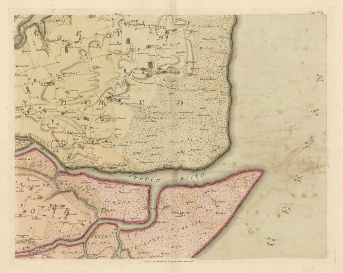 Essex SE #19 Maldon Burnham/Crouch Southminster Mayland. Chapman/André 1777 map: Plate XIX [Mayland, Steeple, Southminster, Althorne, Creeksea, Asheldham, Dengey, Tilingham, St. Laurence, Burnham-on-Crouch, Paglesham]. Large folio Plate XIX from John Chapman & Peter André