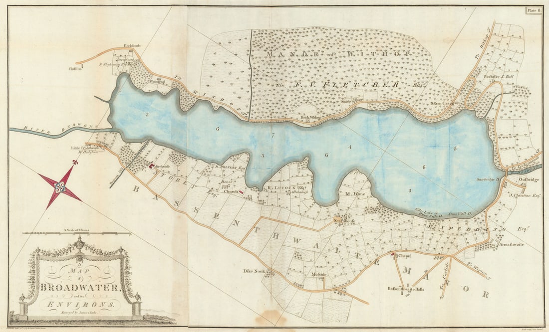 A map of Broadwater and its Environs by James Clarke. Bassenthwaite Lake 1789: A map of Broadwater and its Environs'. A map of Bassenthwaite Lake (Historically known as Broadwater), in the English Lake District by Clarke, James. Published 1789. Large copperplate antique map with
