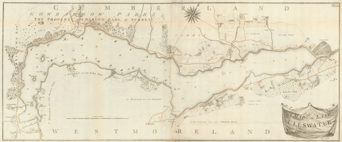 A map of the Lake of Ullswater and its environs by James Clarke 1789 old: A map of the Lake of Ullswater and its environs'. A map of Ullswater, in the English Lake District by Clarke, James. Published 1789. Large copperplate antique map with original hand colouring. Two she