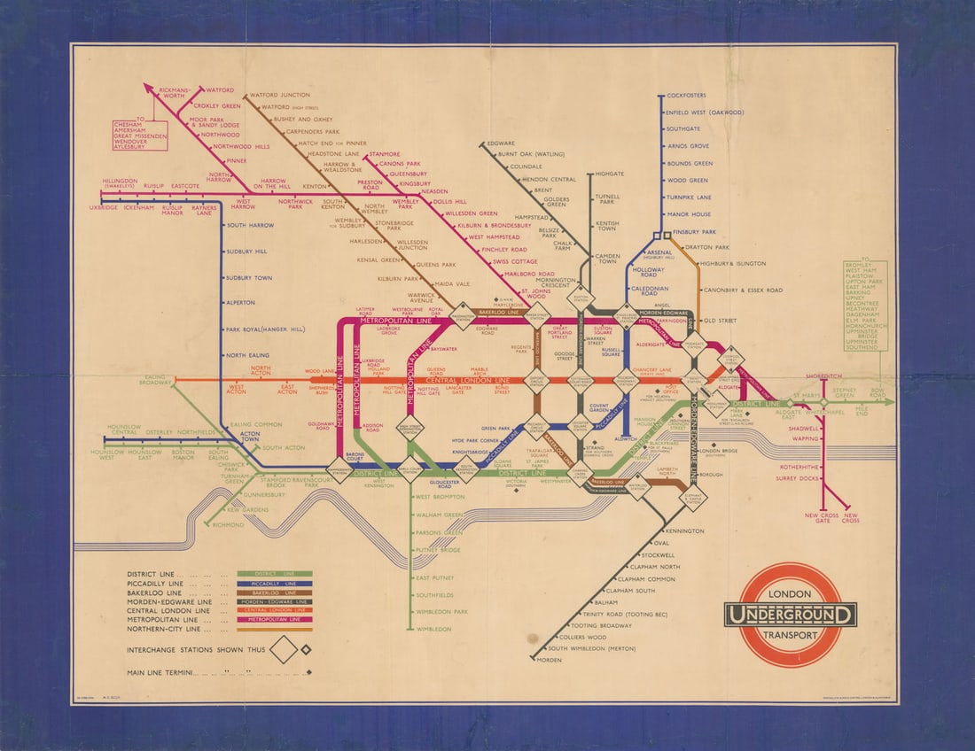 London Transport Underground Station Poster Map by Harry Beck. Double Crown 1936: London Transport [Station Poster Map]. A rare early Double Crown station poster map designed by Harry Beck and issued in 1936, three years after his iconic first edition of 1933. This short-lived vari