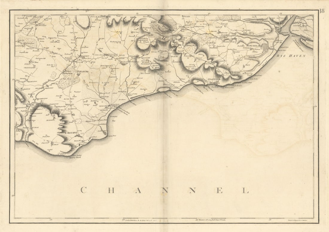 High Weald & South Downs. Sussex Hastings Eastbourne #18 Andrews/Dury 1818 map (1 of 1)