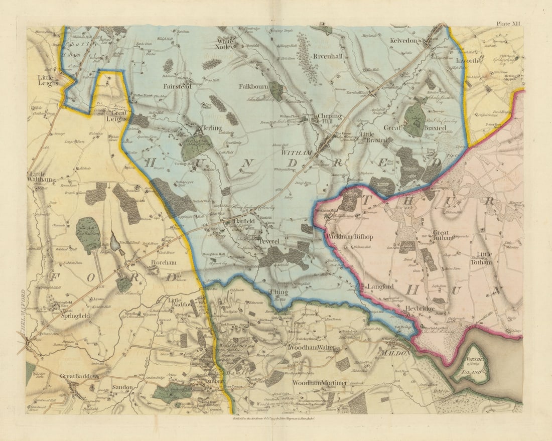 Essex E #13 Maldon Gt. Baddow Springfield Witham Tiptree. Chapman/André 1777 map: Plate XIII [Maldon, Wickham Bishops, Great Totham, Little Totham, Little Baddow, Great Baddow, Danbury, Woodham Walter, Woodham Mortimer, Ulting, Hatfield, Peverel, Great Braxted, Kelvedon, Rivenhall,
