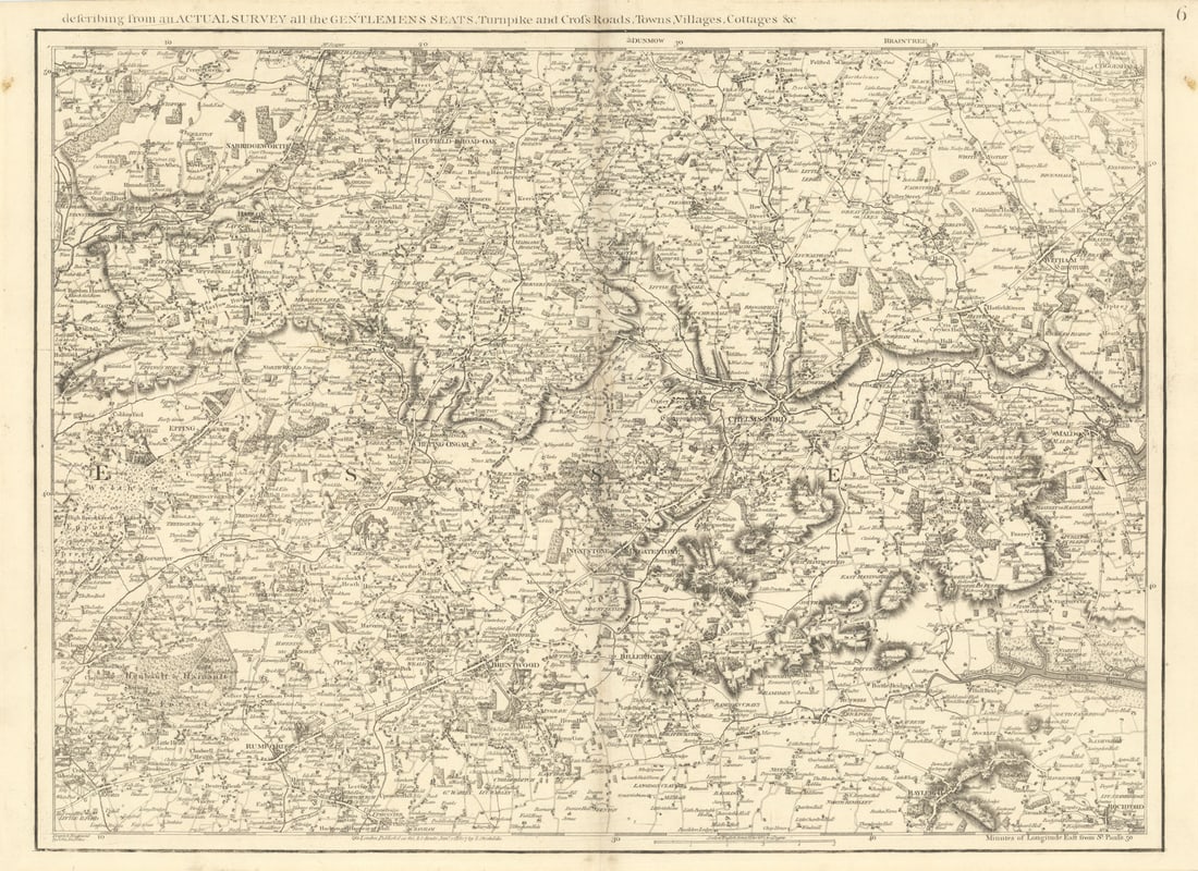 South Essex. Chelmsford Romford Ilford Epping Harlow #6 Andrews/Dury 1818 map: [Andrews's Accurate Map of the Country, Twenty Five Miles round London] describing from an Actual Survey all the Gentlemen's Seats, Turnpike and Cross Roads, Towns Villages, Cottages &c' -Plate 6