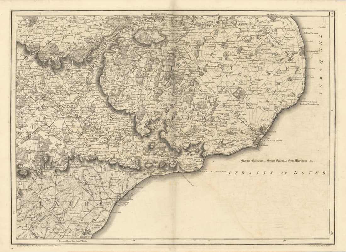 North Downs & Romney Marsh. Kent Dover Canterbury #13 Andrews/Dury 1818 map: Plate 13 from 'A Map of the Country Sixty Five Miles Round London' by John Andrews & Andrew Dury, covering parts of Kent including Dover, Deal, Hythe, Folkestone, New Romney, Ashford, Canterbury, 