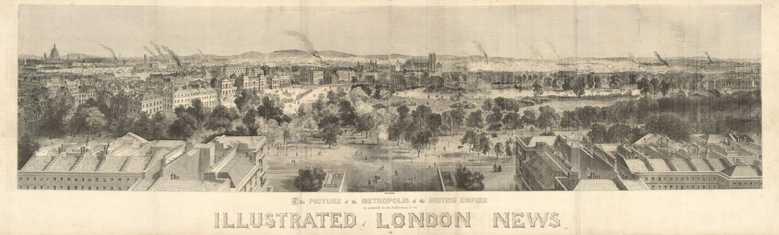 Panorama of London in 1842 from the Duke of York's Column - South view. ILN 1843: [London in 1842 - taken from the summit of the Duke of York's Column] South view - This Picture of the Metropolis of the British Empire is presented to the subscribers of the Illustrated London News