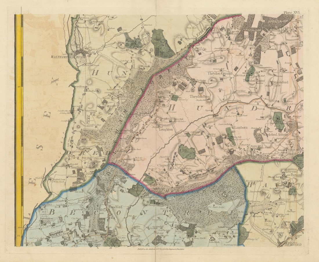 Essex SW #16 Walthamstow Romford Epping Forest Chingford. Chapman/André 1777 map: Plate XVI [Waltham Cross/Waltham Abbey, Chingford, Theydon Bois, Loughton, Epping, Haverin-atte-Bower, Romford, Stapleford Abbots, Woodford, Walthamstow, Chigwell]. Large folio Plate XVI from John Cha