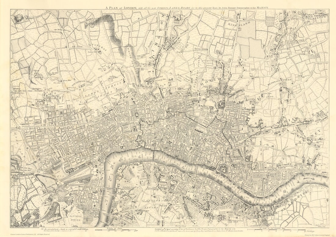 A Plan of London with all the new Streets… John Rocque. GLC copy 1769 (1974) map: A Plan of London, with all the new Streets, Lanes, Roads &c to this present year, by John Rocque, Topographer to his Majesty'. A late 20th century reproduction of "A Plan of London, with all the