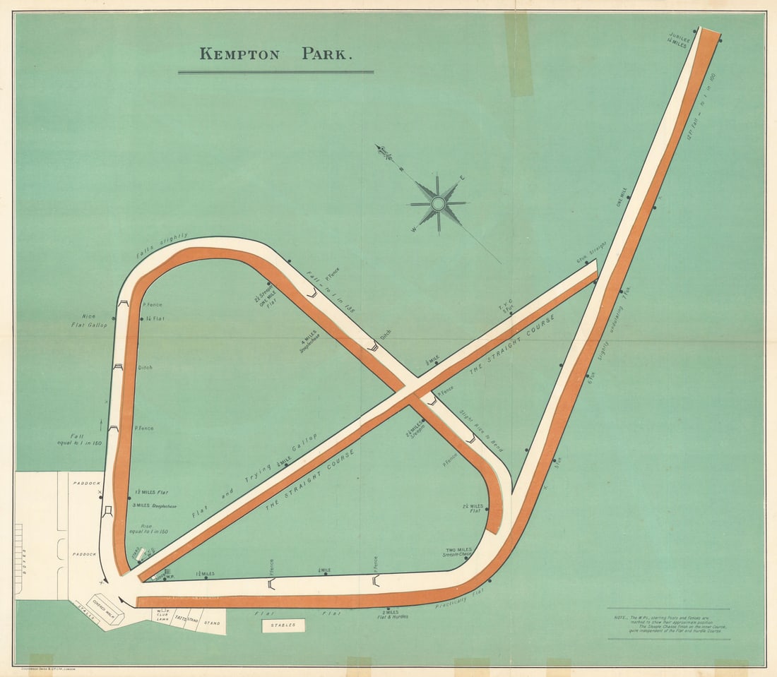 Kempton Park racecourse, Surrey. BAYLES 1903 old antique map plan chart: Kempton Park'. F.H. Bayles, printed by Southwood Smith & Co. Ltd., London. Published 1903. Decorative chromolithographic antique race course map. Size 60 x 70 cm | 23.5 x 27.5 inches. Condition: Fair: