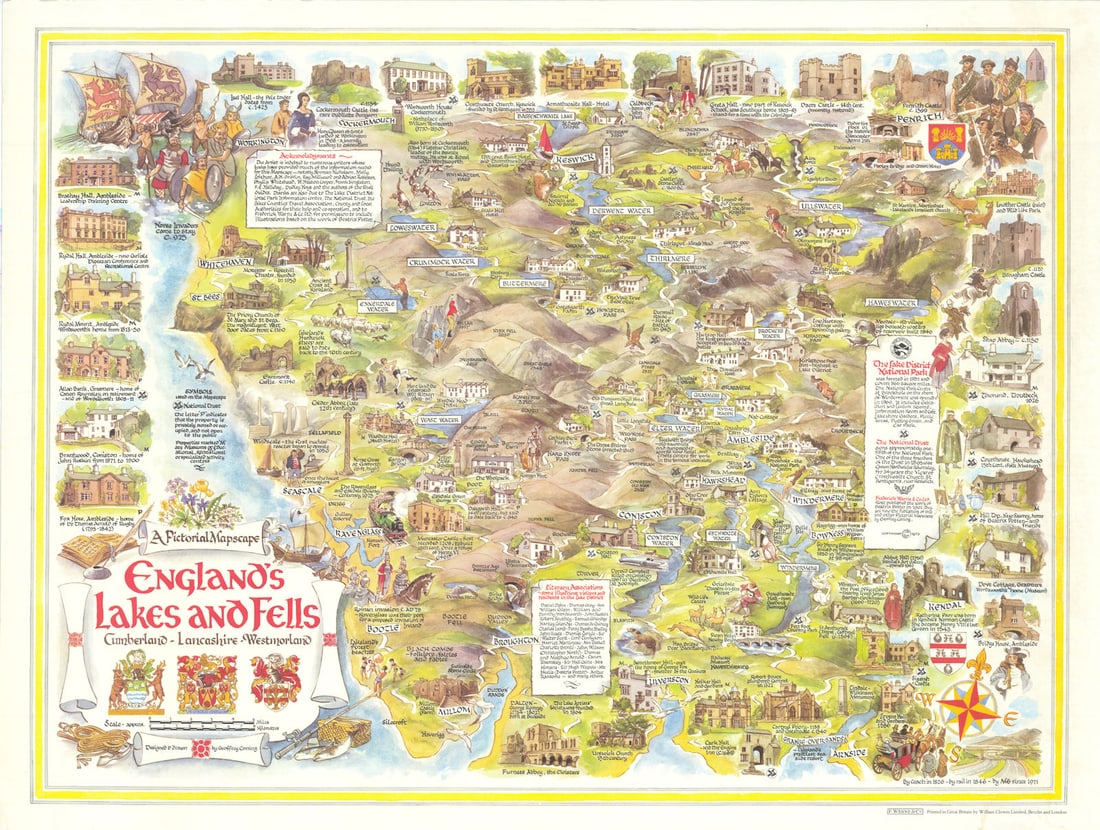 England's Lakes & Fells. Lake District pictorial map by Geoffrey Coning 1973: A Pictorial Mapscape - England's Lakes and Fells - Cumberland - Lancashire - Westmorland' by Coning, Geoffrey. Published Undated. Worldcat dated the map as 1973. 20th century pictorial map. Size 49 x 
